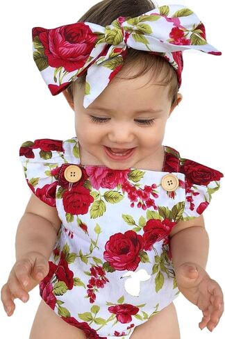 Newborn Baby Girls Romper Jumpsuit Infant Girl Summer Bodysuits Ribbed Short Sleeve One-Piece Headband in Saudi Arabia