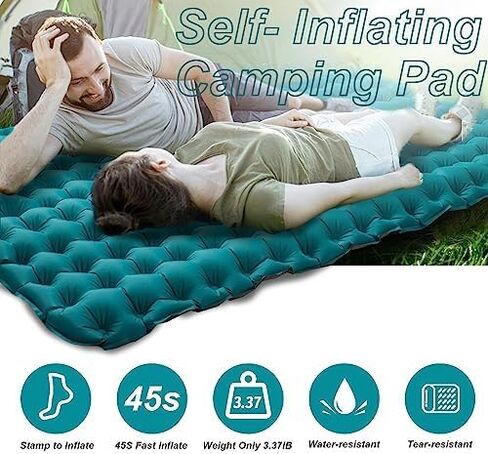 مرتبة تخييم لشخصين، وسادة نوم مزدوجة ذاتية النفخ للتخييم مع وسادتين، وسادة نوم مقاومة للماء للتخييم لشخصين، وسادة نوم محمولة خفيفة الوزن للتخييم لشخصين للخيمة، ازرق in Kuwait