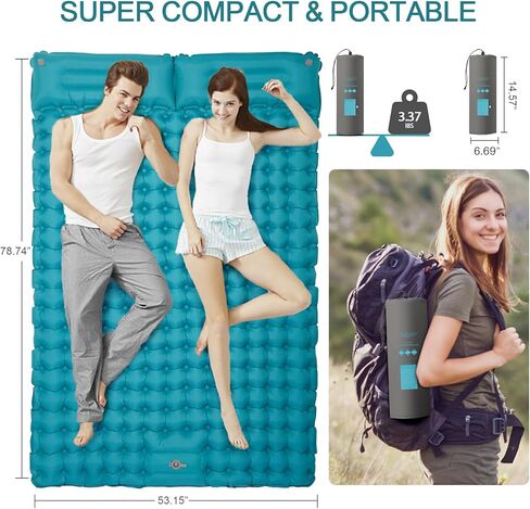 مرتبة تخييم لشخصين، وسادة نوم مزدوجة ذاتية النفخ للتخييم مع وسادتين، وسادة نوم مقاومة للماء للتخييم لشخصين، وسادة نوم محمولة خفيفة الوزن للتخييم لشخصين للخيمة، ازرق in Kuwait