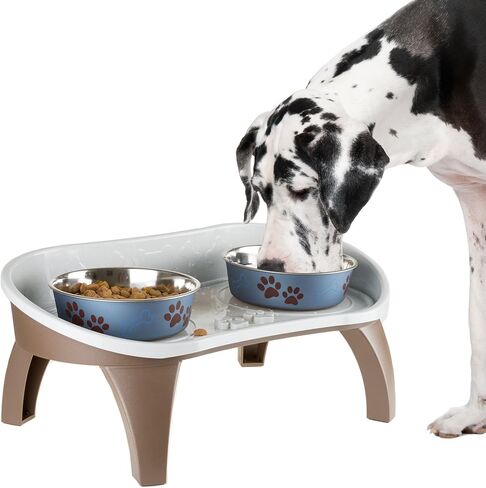 Elevated Pet Feeding Tray - 21″ x 11″ x 8.5″ Raised Dog Bowl Stand with Splash Guard and Non-Skid Feet - Comfortable Mealtime for Dogs and Cats by PETMAKER (Brown/Gray) in Saudi Arabia