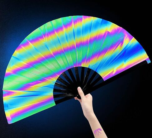 Amajiji UV Glow Large Rave Folding Hand Fan Clack Fan للمهرجانات والعروض - إطار من الخيزران خفيف الوزن ومتين (فراشة ملونة) in Kuwait