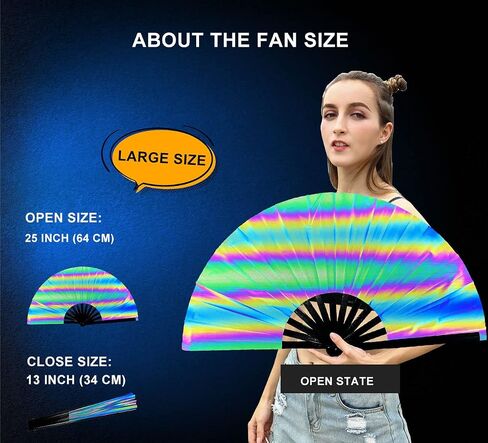 Amajiji UV Glow Large Rave Folding Hand Fan Clack Fan للمهرجانات والعروض - إطار من الخيزران خفيف الوزن ومتين (فراشة ملونة) in Kuwait