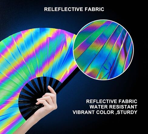 Amajiji UV Glow Large Rave Folding Hand Fan Clack Fan للمهرجانات والعروض - إطار من الخيزران خفيف الوزن ومتين (فراشة ملونة) in Kuwait