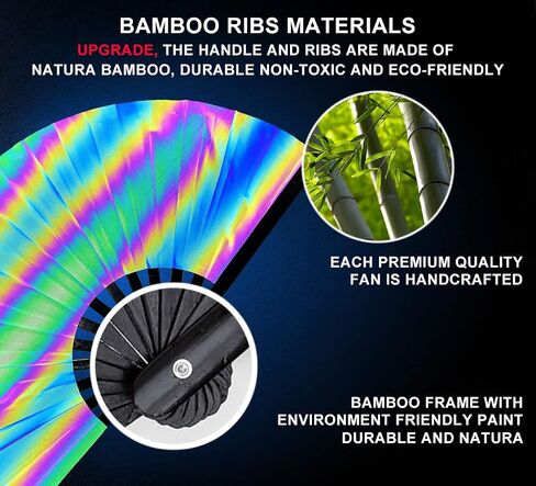 Amajiji UV Glow Large Rave Folding Hand Fan Clack Fan للمهرجانات والعروض - إطار من الخيزران خفيف الوزن ومتين (فراشة ملونة) in Kuwait
