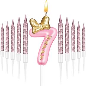 Pink Birthday Candle Girl, Number Birthday Cake Topper with 10 Pieces Rose Gold Birthday Candles Long Thin Cupcake Candles in Holders for Cake Topper Birthday Baking Decor Supplies (Number 0 Style)