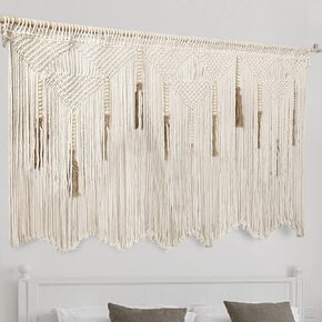 تعليق حائط كبير للغاية من Macrame، مقاس 70.8 × 39 بوصة ديكور حائط منسوج بوهو، ستارة مكرامية من القطن البيج مع خرز أسود، فن جداري بوهيمي أنيق للمنزل وغرفة النوم وغرفة النوم والزفاف (يشمل in Kuwait