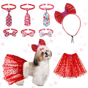 8 Pieces Valentine's Day Dog Ties Dog Costume Red Heart Shape Dog Headband Bow Ties Collars Heart Sequin Dog Tutu Dress Outfit Puppy Bow Ties for Small Medium Large Pets Cute Holiday Birthday Party in Saudi Arabia