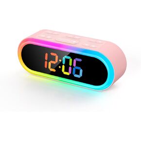 ساعة منبه للفتيات باللون الوردي لغرفة النوم، إضاءة ليلية ملونة قابلة للتعتيم وشاشة LED، منبه مزدوج، منبه يومي/أيام الأسبوع/عطلة نهاية الأسبوع، 6 مؤقت إيقاف تلقائي، 7 نغمات رنين، ساعة رقمية صغيرة بجانب السرير للأطفال in Kuwait