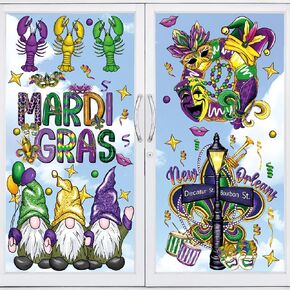 JarThenaAMCS Mardi Gras Window Clings Mask Gnome Crawfish Window Sticker Watercolor Reusable Static Window Decal for Carnival Masquerade Party Decor Supplies, 4 Sheet