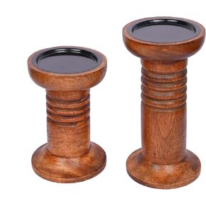 مجموعة حامل الشمعدانات المزخرفة من خشب المانجو البني من NIRMAN، ديكور مركزي لطاولة الطعام في بار الموقد (بني) (4 بوصة × 4 بوصة × 6 بوصة، 4 بوصة × 4 بوصة × 8 بوصة) in Kuwait