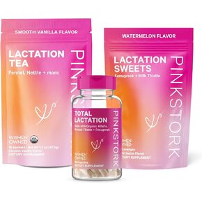 بينك ستورك مجموعة دعم الرضاعة للنساء المرضعات - مكملات الرضاعة والشاي والحلويات لتزويد حليب الثدي وتدفقه، مع الحلبة والشمر وشوك الحليب، مجموعة من 3 قطع in Kuwait
