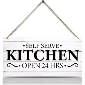لافتات مطبخ مضحكة، مطبخ ذاتي الخدمة مفتوح 24 ساعة، لافتات خشبية على الحائط للباب معلقة للمنزل والمزرعة والمطبخ وغرفة الطعام، علامات مطبخ لطيفة لتزيين الحائط 11.8 × 5.9 بوصة (J616) in Kuwait