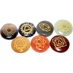 Jet 7 Chakra Reiki Set Engraving Round Shaped for Healing Chakra Balancing Meditation Positive Vibes