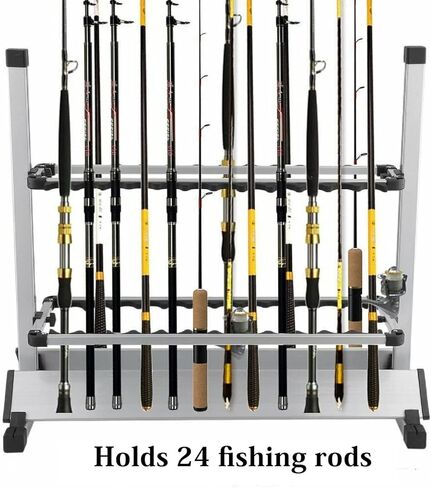 رف صنارة صيد من باوز لتخزين صنارة الصيد من خليط معدني من الالومنيوم، منظم صنارة صيد محمول 24 فتحة لحمل قضبان وبكرة المياه المالحة العذبة (فضي) in Kuwait