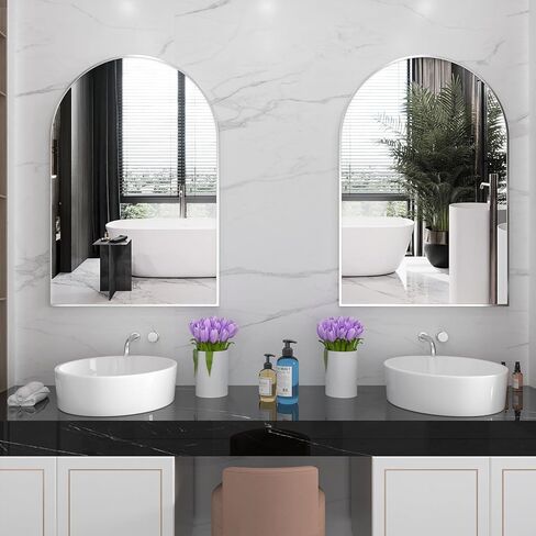 مرآة حائط مقوسة من Biyatuos مقاس 91.44 سم × 60.96 سم، مرآة حمام بإطار عقلي، مرآة للغرور مرآة كبيرة مثبتة على الحائط، مرآة خزانة عصرية لغرفة النوم وغرفة المعيشة والحمام (فضي مصقول) in Kuwait