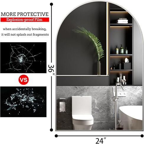 مرآة حائط مقوسة من Biyatuos مقاس 91.44 سم × 60.96 سم، مرآة حمام بإطار عقلي، مرآة للغرور مرآة كبيرة مثبتة على الحائط، مرآة خزانة عصرية لغرفة النوم وغرفة المعيشة والحمام (فضي مصقول) in Kuwait