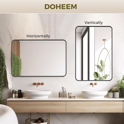 DOHEEM Wall Mirror for Bathroom - Rounded Corner Mirror Black Metal Frame 24" X 36" Hangs Horizontal Or Vertical in Saudi Arabia