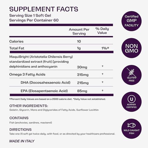 مكمل أفينوفا لدعم صحة العين عن طريق الفم مع MaquiBright® - مستخلص توت الماكي الغني بمضادات الأكسدة وزيت السمك ثلاثي الجليسريد أوميغا 3 لتخفيف جفاف العين وإجهاد العين وصحة الرؤية، 60 كبسولة هلامية in Kuwait