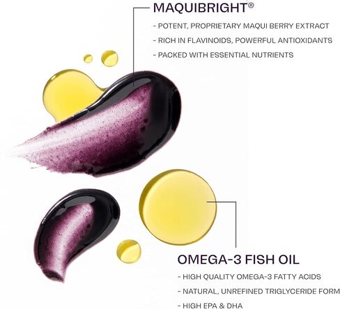 مكمل أفينوفا لدعم صحة العين عن طريق الفم مع MaquiBright® - مستخلص توت الماكي الغني بمضادات الأكسدة وزيت السمك ثلاثي الجليسريد أوميغا 3 لتخفيف جفاف العين وإجهاد العين وصحة الرؤية، 60 كبسولة هلامية in Kuwait