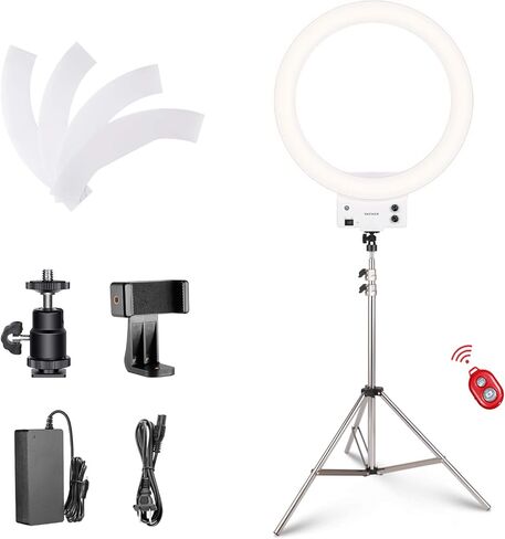 Neewer ضوء حلقة LED أبيض مقاس 18 بوصة مع طقم إضاءة حامل ضوء فضي قابل للتعتيم 50 وات 3200-5600 كلفن مع فلتر ناعم، محول الحذاء الساخن، حامل الهاتف المحمول لتصوير فيديو المكياج in Kuwait