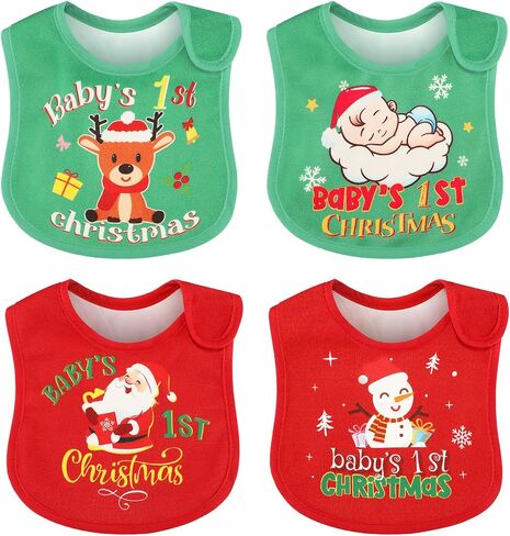 Eurzom Christmas Baby Bib Babies First Christmas Baby Gifts Xmas Newborn Bibs for Baby Girl Boy with Adjustable Closure Baby Drooling Bibs Waterproof for Toddler Infant Unisex, 4 Styles in Saudi Arabia