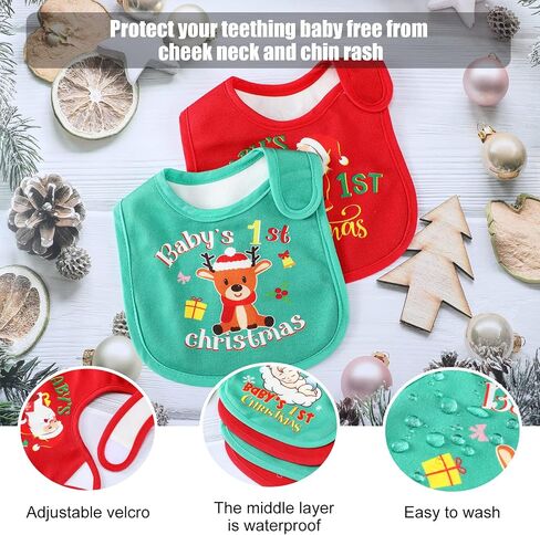 Eurzom Christmas Baby Bib Babies First Christmas Baby Gifts Xmas Newborn Bibs for Baby Girl Boy with Adjustable Closure Baby Drooling Bibs Waterproof for Toddler Infant Unisex, 4 Styles in Saudi Arabia