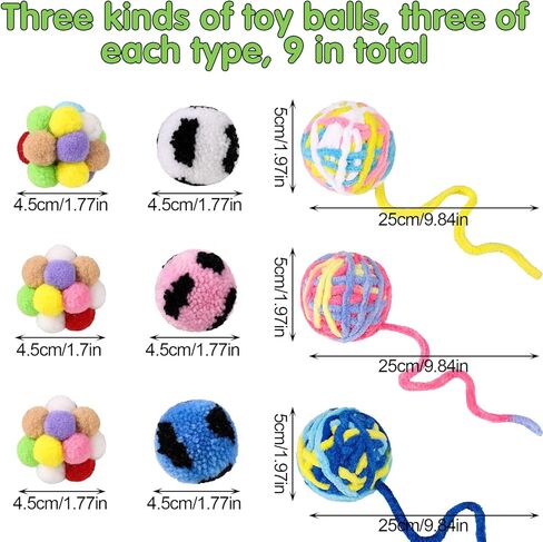 Wedding Pails 9 Pack Ferret Toys Ball Set,Rainbow Cat Toy Balls, Colorful Woolen Yarn Ferret Balls Cat Pom Pom Balls Interactive Sound Toy Exercise for Ferret Cat Kittens in Kuwait