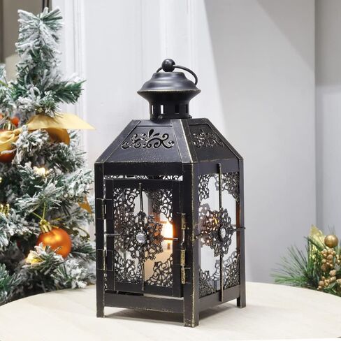 فانوس ديكور من JHY DESIGN مقاس 9.5 بوصة، فانوس شموع معدني عالي الطراز، فانوس معلق لحفلات الزفاف في الأماكن المغلقة والخارجية (أسود مع فرشاة ذهبية) in Saudi Arabia