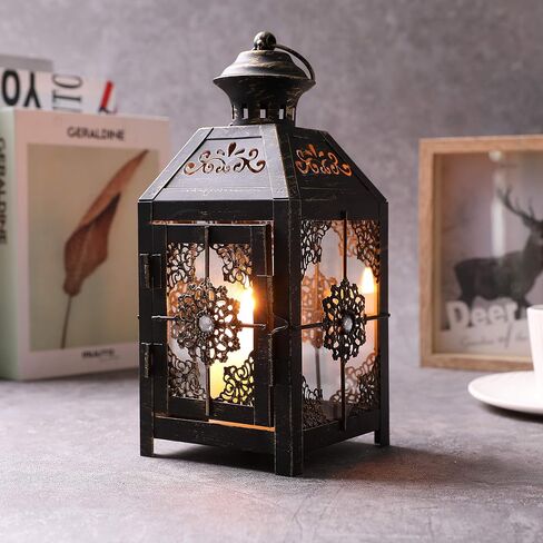 فانوس ديكور من JHY DESIGN مقاس 9.5 بوصة، فانوس شموع معدني عالي الطراز، فانوس معلق لحفلات الزفاف في الأماكن المغلقة والخارجية (أسود مع فرشاة ذهبية) in Saudi Arabia