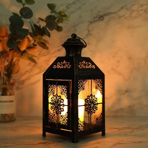 فانوس ديكور من JHY DESIGN مقاس 9.5 بوصة، فانوس شموع معدني عالي الطراز، فانوس معلق لحفلات الزفاف في الأماكن المغلقة والخارجية (أسود مع فرشاة ذهبية) in Saudi Arabia