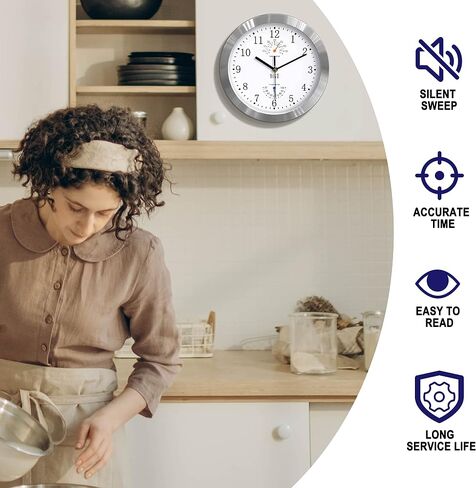 ساعة حائط صامتة مقاس 10 بوصات من هيتو، تعمل بالبطارية، غطاء زجاجي غير موقوت، إطار من الألومنيوم الفضي، للمطبخ، غرفة النوم، المكتب المنزلي، ديكور غرفة المعيشة (أبيض) in Kuwait