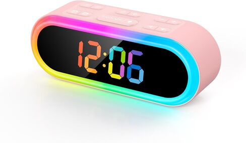 ساعة منبه للفتيات باللون الوردي لغرفة النوم، إضاءة ليلية ملونة قابلة للتعتيم وشاشة LED، منبه مزدوج، منبه يومي/أيام الأسبوع/عطلة نهاية الأسبوع، 6 مؤقت إيقاف تلقائي، 7 نغمات رنين، ساعة رقمية صغيرة بجانب السرير للأطفال in Kuwait