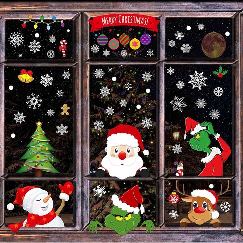 Christmas Window Clings 196PCS 9 Sheet Christmas Window Clings Snowflake Window Stickers for Glass Xmas Holiday Santa Snowman Reindeer Snowflake Decals for Party in Saudi Arabia