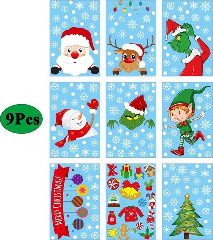 Christmas Window Clings 196PCS 9 Sheet Christmas Window Clings Snowflake Window Stickers for Glass Xmas Holiday Santa Snowman Reindeer Snowflake Decals for Party in Saudi Arabia
