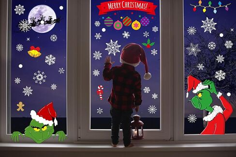 Christmas Window Clings 196PCS 9 Sheet Christmas Window Clings Snowflake Window Stickers for Glass Xmas Holiday Santa Snowman Reindeer Snowflake Decals for Party in Saudi Arabia