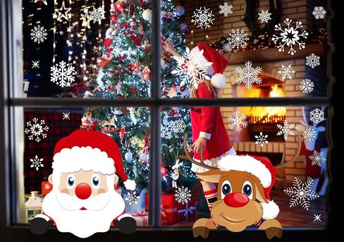 Christmas Window Clings 196PCS 9 Sheet Christmas Window Clings Snowflake Window Stickers for Glass Xmas Holiday Santa Snowman Reindeer Snowflake Decals for Party in Saudi Arabia