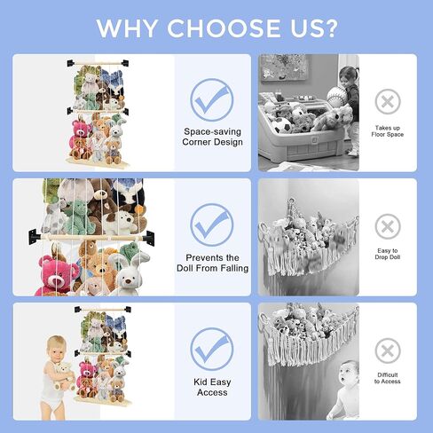 Stuffed Animal Storage Wall Mount, Plushie Toy Storage Organizer, Stuffed Animal Holder with Adjustable Cord, Nursery Corner Shelf for Stuffed Animal Organizer, Wall Hanging Toy Organizer for Playroom in Kuwait