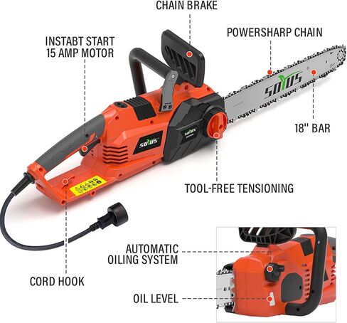 منشار كهربائي SOYUS، منشار كهربائي سلكي 18 بوصة 15 أمبير، منشار كهربائي منخفض الارتداد 15 متر/الثانية لقطع خشب الأشجار، توتر سلسلة بدون أدوات in Kuwait