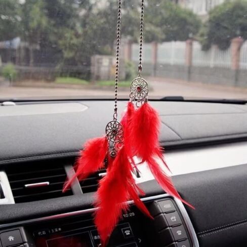 مرآة الرؤية الخلفية الداخلية للسيارة Dream Catcher ديكورات معلقة لتزيين السيارة للنساء ريش بوهو ديكورات للتعليق على الحائط (وردي) in Kuwait