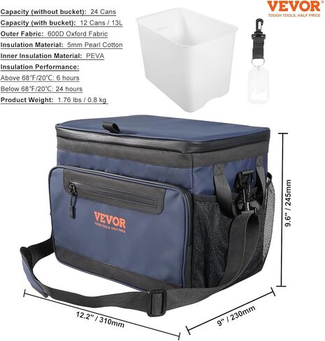 VEVOR Hardbody Cooler Bag, 600D Oxford Fabric Insulated Cooler Bag, Leakproof and Waterproof Hardbody Deep Freeze Cooler with PP Plastic Bucket, Bottle Opener for Beach, Hiking, Travel in Kuwait