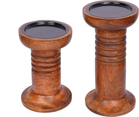 مجموعة حامل الشمعدانات المزخرفة من خشب المانجو البني من NIRMAN، ديكور مركزي لطاولة الطعام في بار الموقد (بني) (4 بوصة × 4 بوصة × 6 بوصة، 4 بوصة × 4 بوصة × 8 بوصة) in Kuwait