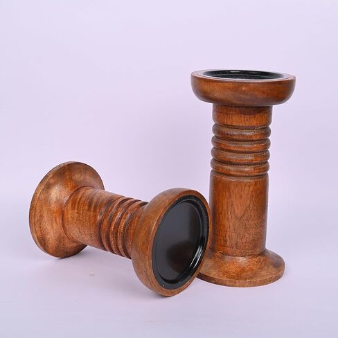 مجموعة حامل الشمعدانات المزخرفة من خشب المانجو البني من NIRMAN، ديكور مركزي لطاولة الطعام في بار الموقد (بني) (4 بوصة × 4 بوصة × 6 بوصة، 4 بوصة × 4 بوصة × 8 بوصة) in Kuwait