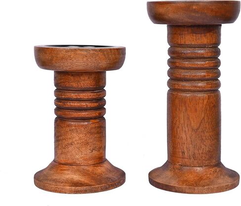 مجموعة حامل الشمعدانات المزخرفة من خشب المانجو البني من NIRMAN، ديكور مركزي لطاولة الطعام في بار الموقد (بني) (4 بوصة × 4 بوصة × 6 بوصة، 4 بوصة × 4 بوصة × 8 بوصة) in Kuwait