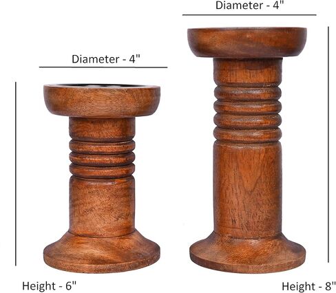 مجموعة حامل الشمعدانات المزخرفة من خشب المانجو البني من NIRMAN، ديكور مركزي لطاولة الطعام في بار الموقد (بني) (4 بوصة × 4 بوصة × 6 بوصة، 4 بوصة × 4 بوصة × 8 بوصة) in Kuwait