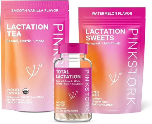 بينك ستورك مجموعة دعم الرضاعة للنساء المرضعات - مكملات الرضاعة والشاي والحلويات لتزويد حليب الثدي وتدفقه، مع الحلبة والشمر وشوك الحليب، مجموعة من 3 قطع in Kuwait