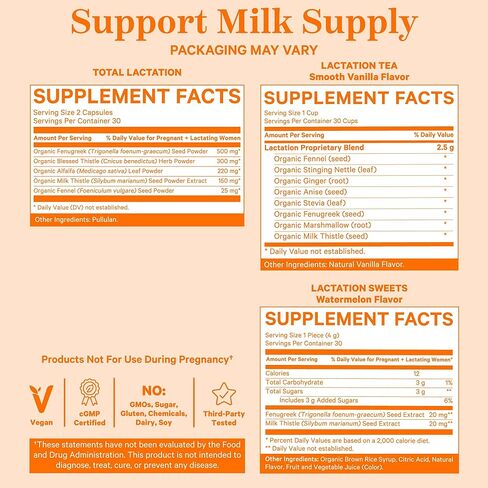 بينك ستورك مجموعة دعم الرضاعة للنساء المرضعات - مكملات الرضاعة والشاي والحلويات لتزويد حليب الثدي وتدفقه، مع الحلبة والشمر وشوك الحليب، مجموعة من 3 قطع in Kuwait