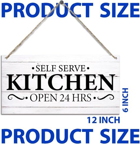 لافتات مطبخ مضحكة، مطبخ ذاتي الخدمة مفتوح 24 ساعة، لافتات خشبية على الحائط للباب معلقة للمنزل والمزرعة والمطبخ وغرفة الطعام، علامات مطبخ لطيفة لتزيين الحائط 11.8 × 5.9 بوصة (J616) in Kuwait