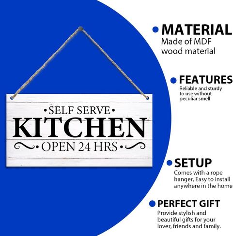لافتات مطبخ مضحكة، مطبخ ذاتي الخدمة مفتوح 24 ساعة، لافتات خشبية على الحائط للباب معلقة للمنزل والمزرعة والمطبخ وغرفة الطعام، علامات مطبخ لطيفة لتزيين الحائط 11.8 × 5.9 بوصة (J616) in Kuwait