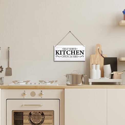 لافتات مطبخ مضحكة، مطبخ ذاتي الخدمة مفتوح 24 ساعة، لافتات خشبية على الحائط للباب معلقة للمنزل والمزرعة والمطبخ وغرفة الطعام، علامات مطبخ لطيفة لتزيين الحائط 11.8 × 5.9 بوصة (J616) in Kuwait