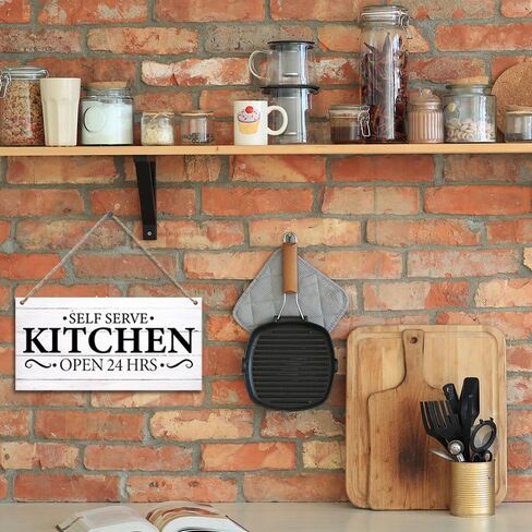 لافتات مطبخ مضحكة، مطبخ ذاتي الخدمة مفتوح 24 ساعة، لافتات خشبية على الحائط للباب معلقة للمنزل والمزرعة والمطبخ وغرفة الطعام، علامات مطبخ لطيفة لتزيين الحائط 11.8 × 5.9 بوصة (J616) in Kuwait